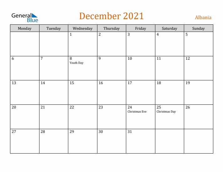 December 2021 Holiday Calendar with Monday Start