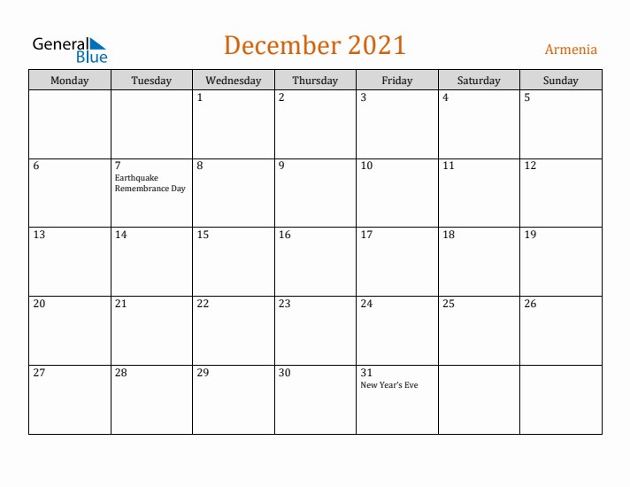 December 2021 Holiday Calendar with Monday Start