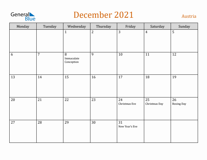 December 2021 Holiday Calendar with Monday Start