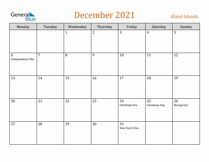 December 2021 Holiday Calendar with Monday Start