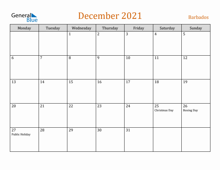 December 2021 Holiday Calendar with Monday Start