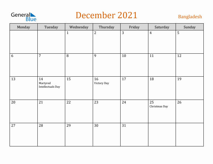 December 2021 Holiday Calendar with Monday Start