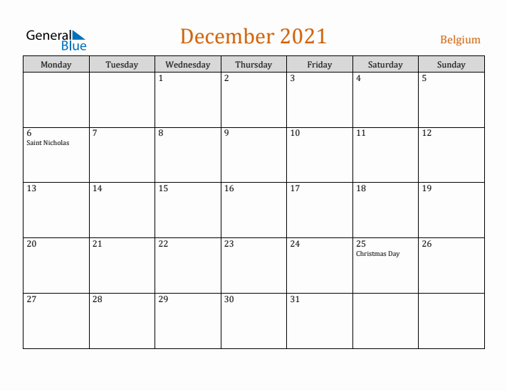 December 2021 Holiday Calendar with Monday Start