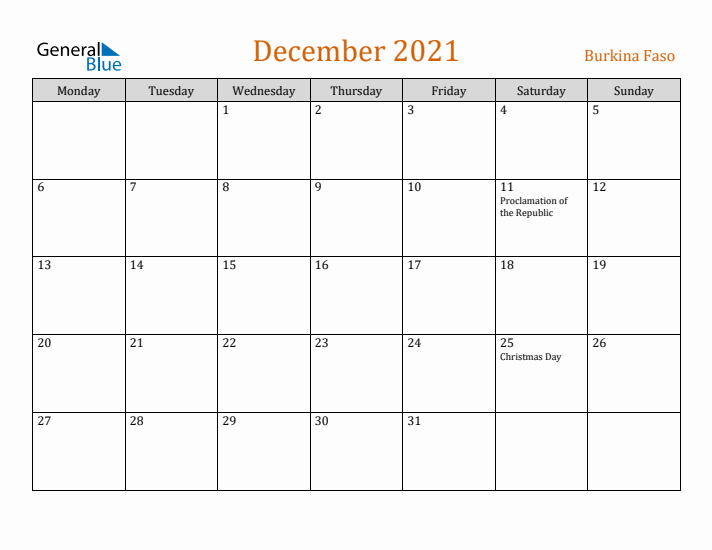 December 2021 Holiday Calendar with Monday Start