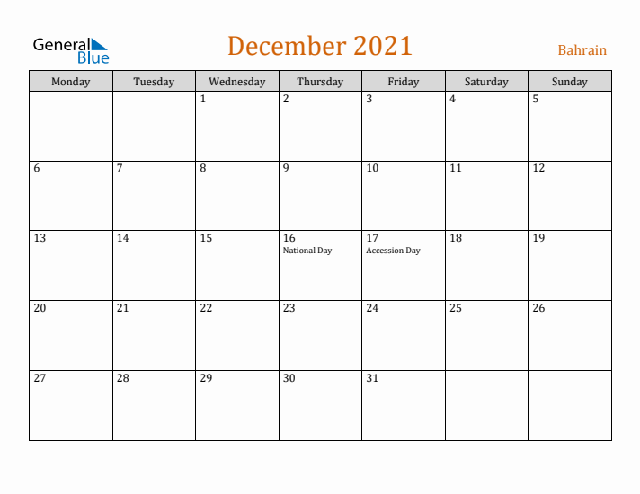 December 2021 Holiday Calendar with Monday Start