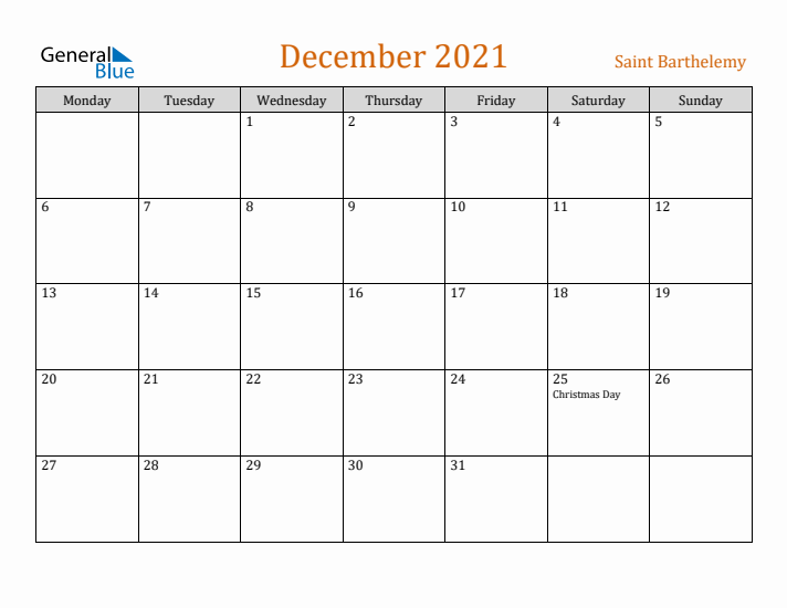 December 2021 Holiday Calendar with Monday Start