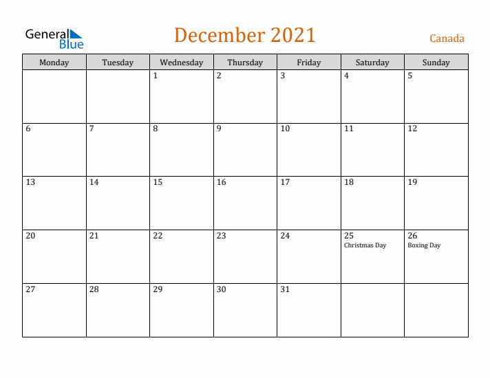 December 2021 Holiday Calendar with Monday Start