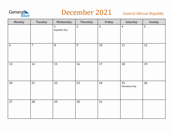 December 2021 Holiday Calendar with Monday Start