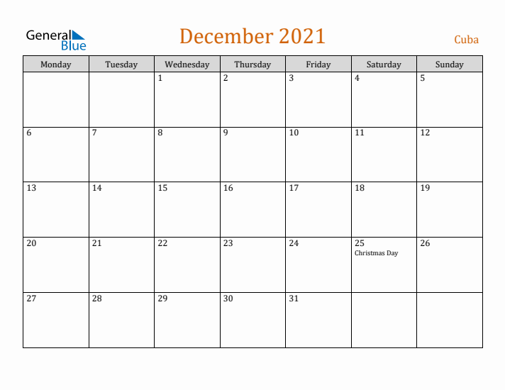 December 2021 Holiday Calendar with Monday Start