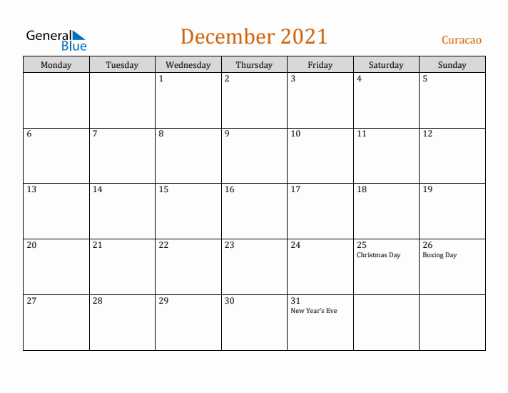 December 2021 Holiday Calendar with Monday Start