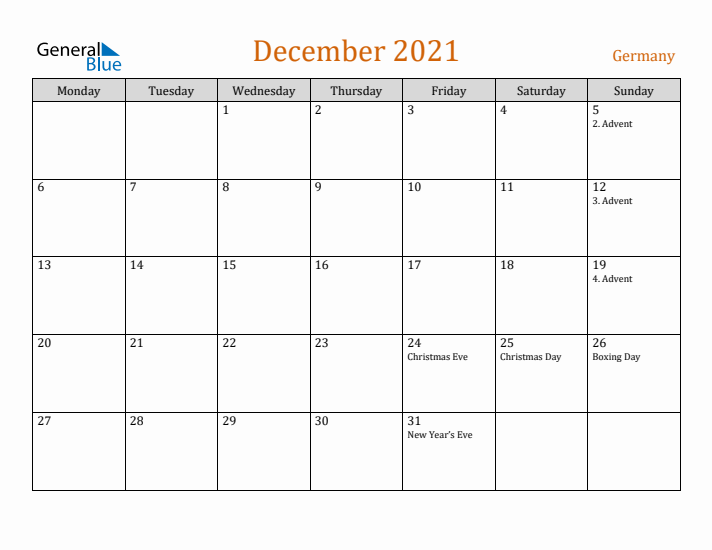 December 2021 Holiday Calendar with Monday Start