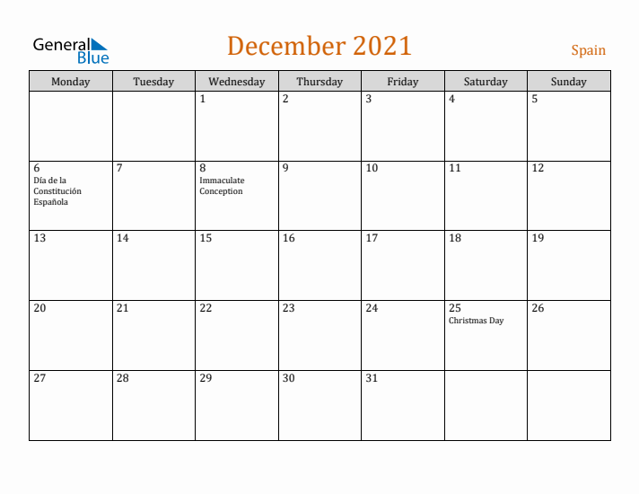 December 2021 Holiday Calendar with Monday Start