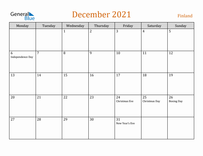 December 2021 Holiday Calendar with Monday Start