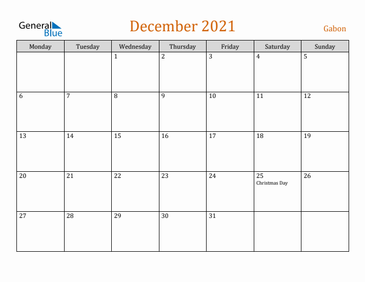 December 2021 Holiday Calendar with Monday Start