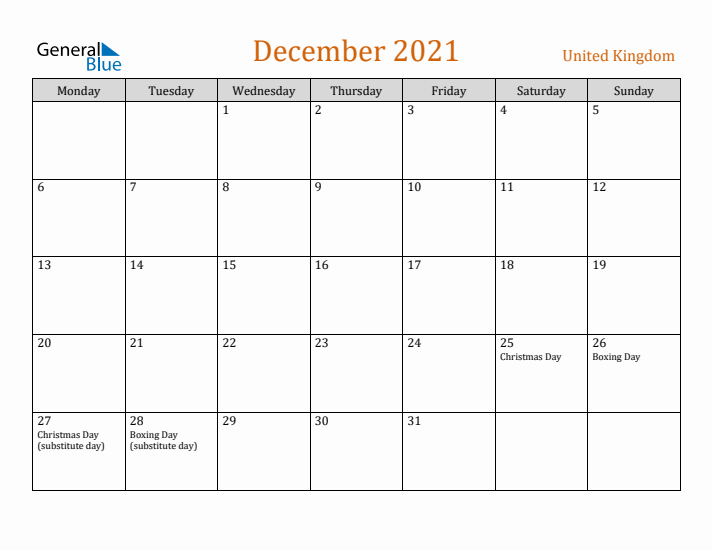 December 2021 Holiday Calendar with Monday Start