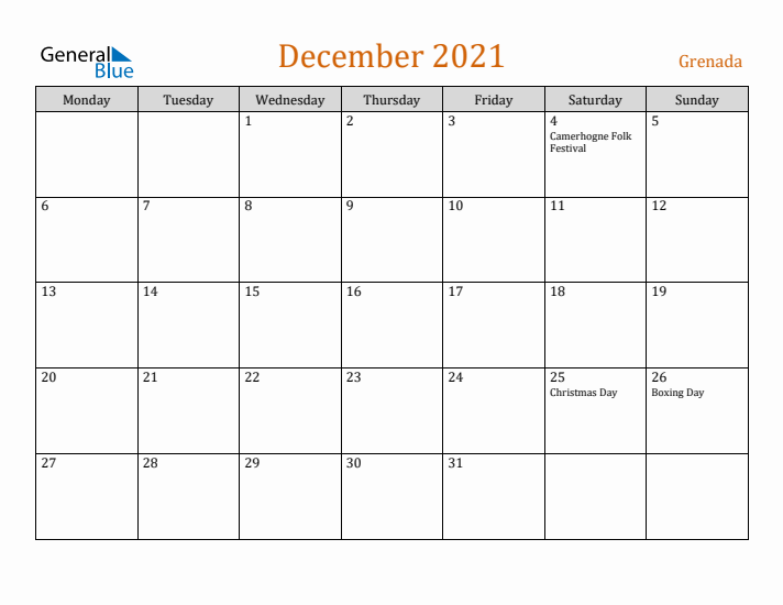 December 2021 Holiday Calendar with Monday Start