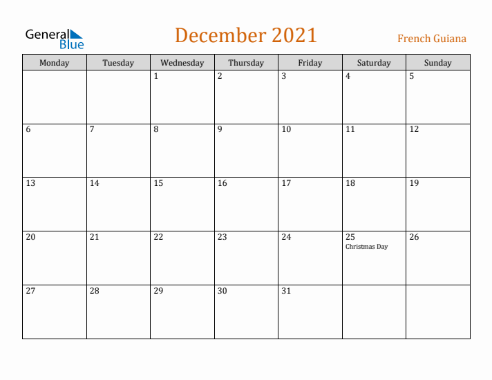 December 2021 Holiday Calendar with Monday Start