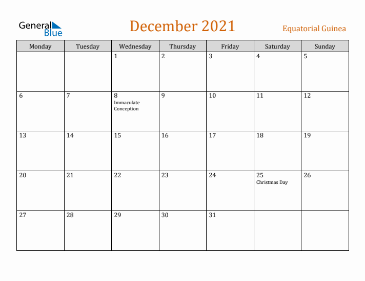 December 2021 Holiday Calendar with Monday Start