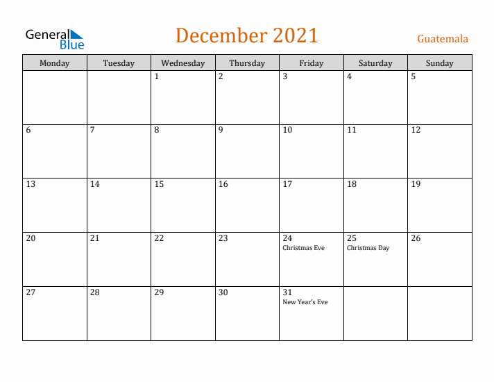 December 2021 Holiday Calendar with Monday Start