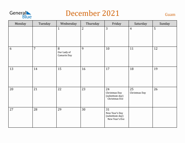 December 2021 Holiday Calendar with Monday Start