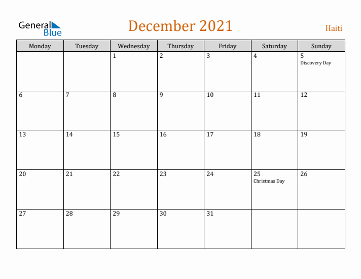 December 2021 Holiday Calendar with Monday Start