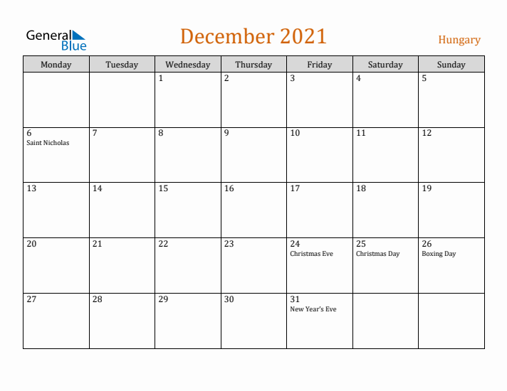 December 2021 Holiday Calendar with Monday Start