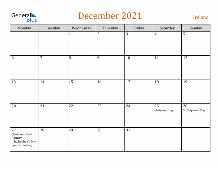 December 2021 Holiday Calendar with Monday Start