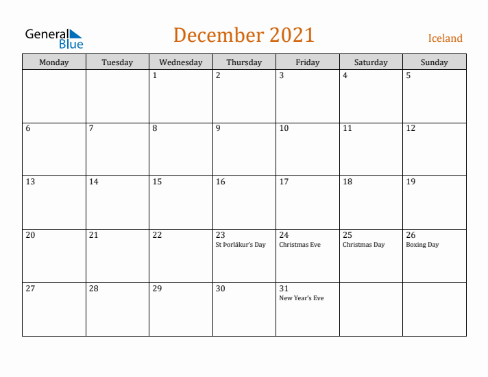 December 2021 Holiday Calendar with Monday Start