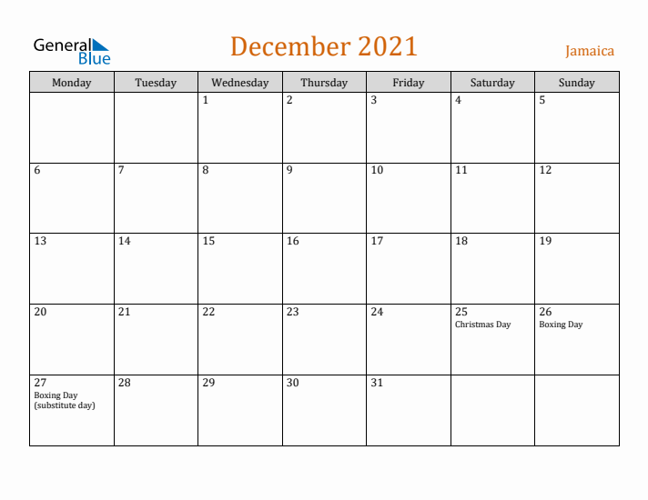 December 2021 Holiday Calendar with Monday Start