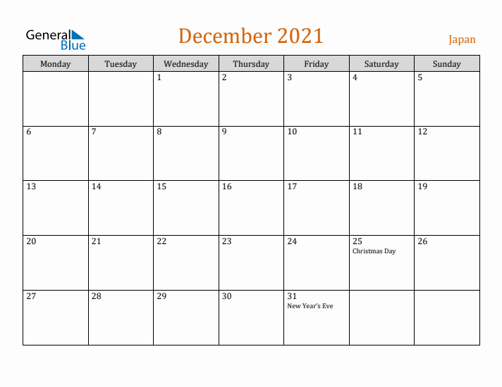 December 2021 Holiday Calendar with Monday Start