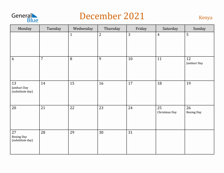 December 2021 Holiday Calendar with Monday Start