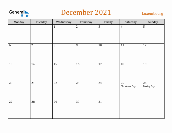 December 2021 Holiday Calendar with Monday Start