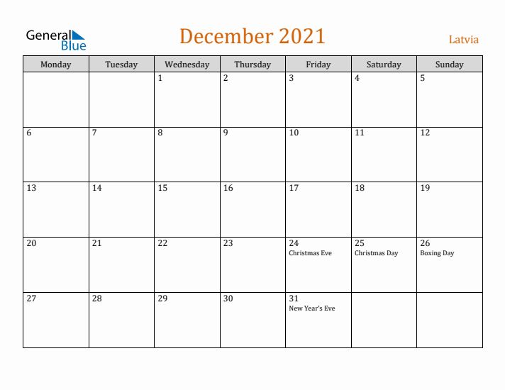 December 2021 Holiday Calendar with Monday Start