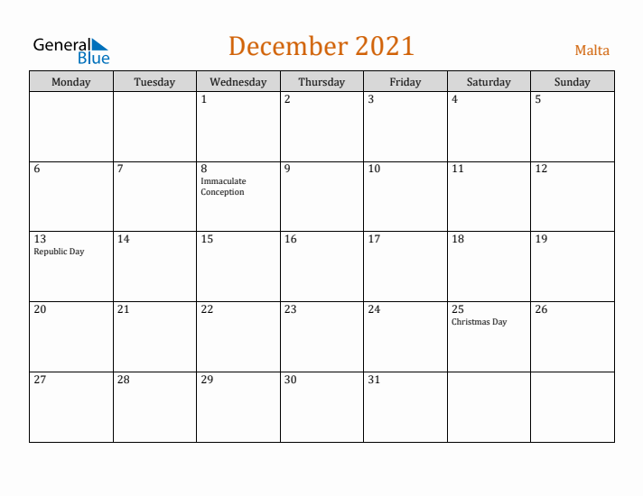 December 2021 Holiday Calendar with Monday Start