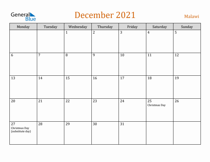 December 2021 Holiday Calendar with Monday Start