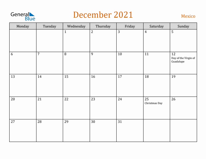 December 2021 Holiday Calendar with Monday Start