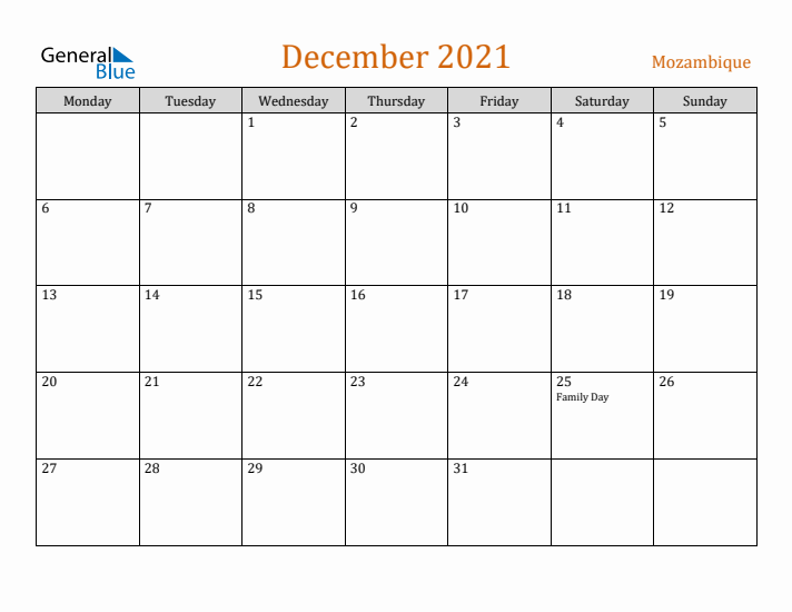 December 2021 Holiday Calendar with Monday Start