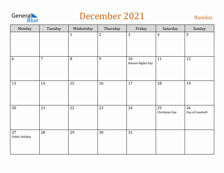 December 2021 Holiday Calendar with Monday Start