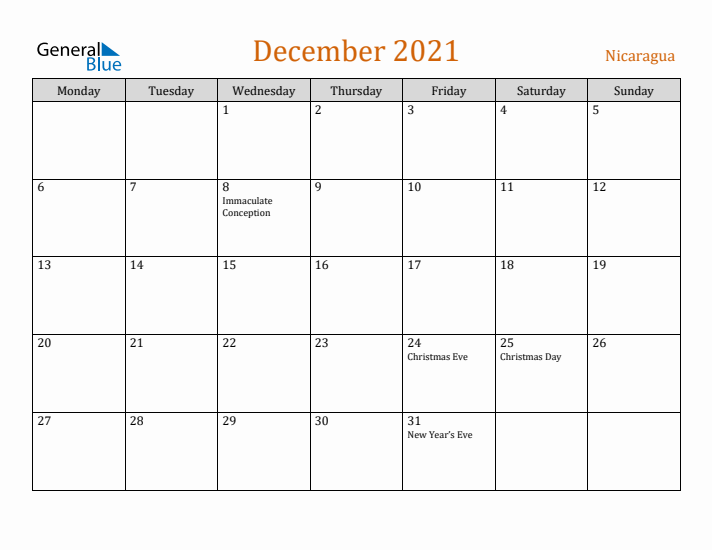 December 2021 Holiday Calendar with Monday Start