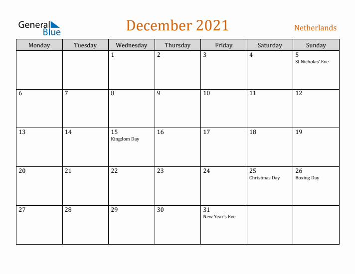 December 2021 Holiday Calendar with Monday Start