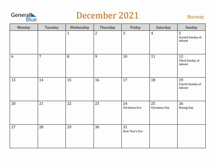 December 2021 Holiday Calendar with Monday Start