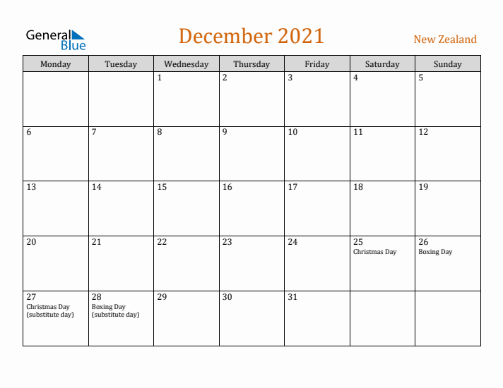 December 2021 Holiday Calendar with Monday Start