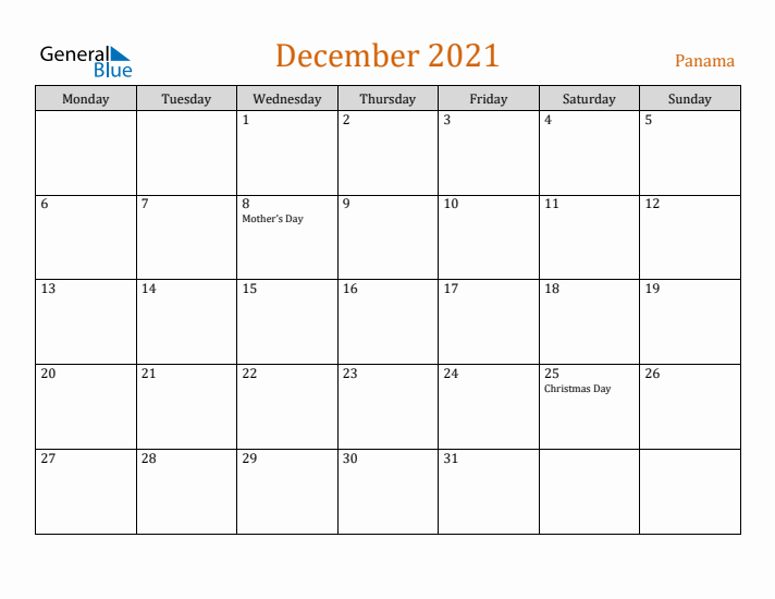 December 2021 Holiday Calendar with Monday Start