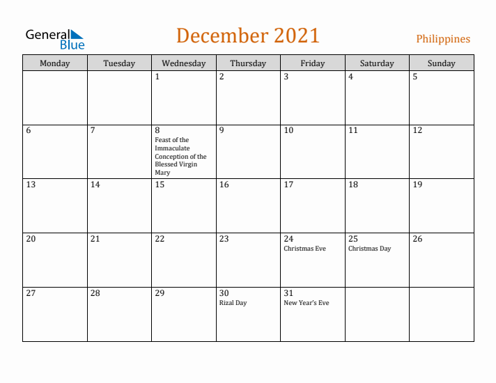 December 2021 Holiday Calendar with Monday Start