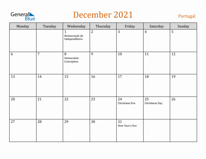 December 2021 Holiday Calendar with Monday Start