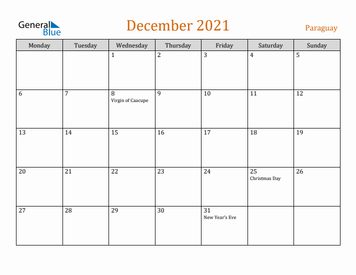 December 2021 Holiday Calendar with Monday Start