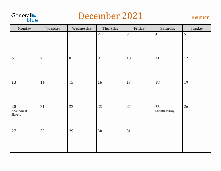 December 2021 Holiday Calendar with Monday Start