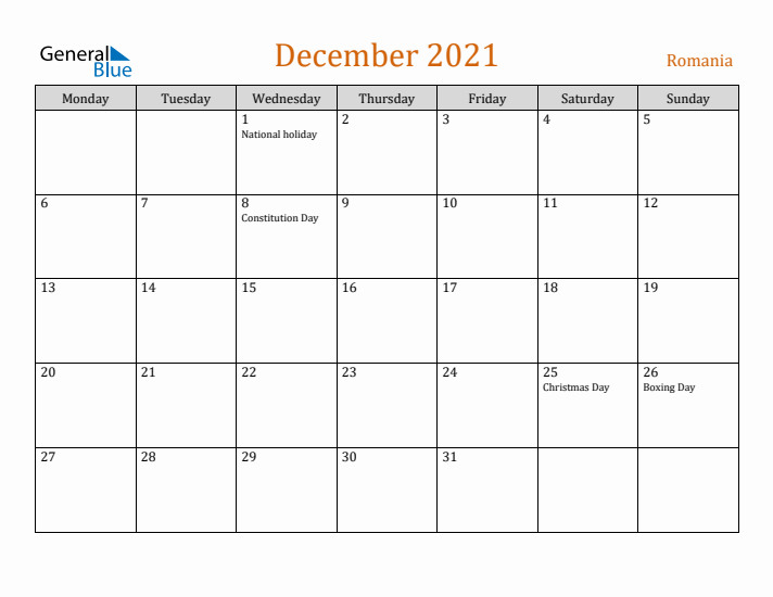 December 2021 Holiday Calendar with Monday Start