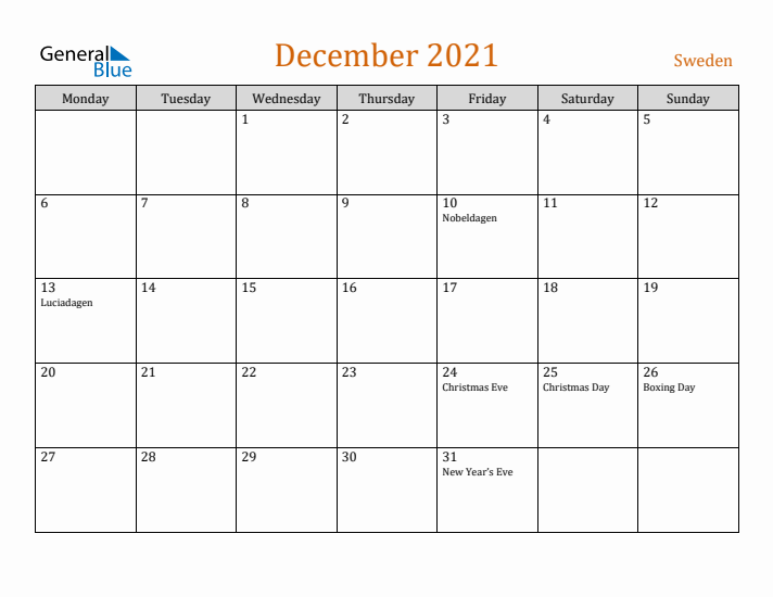 December 2021 Holiday Calendar with Monday Start