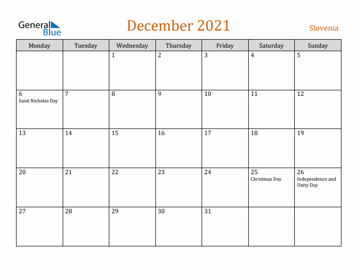 December 2021 Holiday Calendar with Monday Start